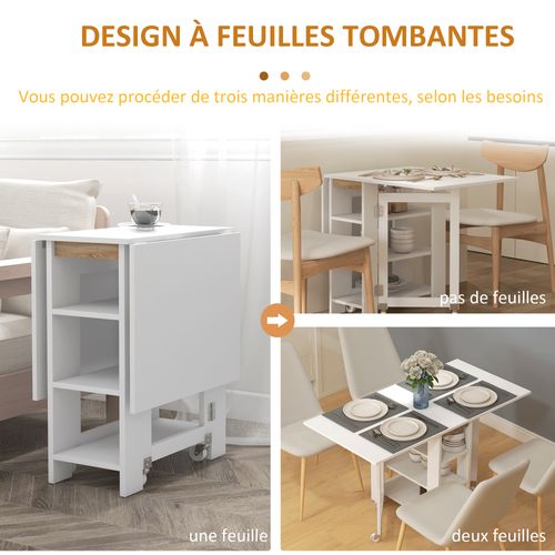 Table à Manger Pliable Extensible - Roulettes, 3 étagères