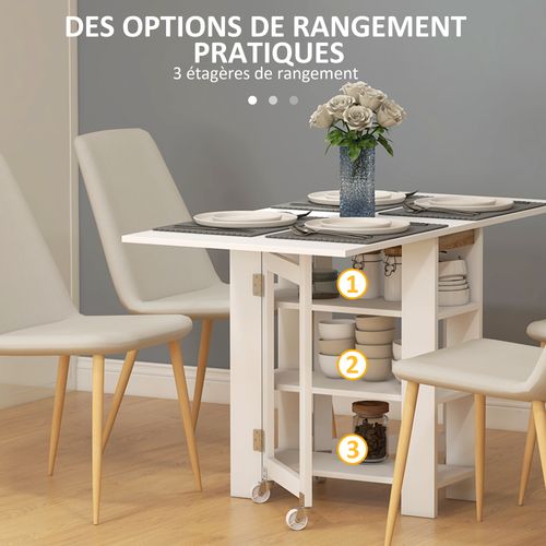 Table à Manger Pliable Extensible - Roulettes, 3 étagères