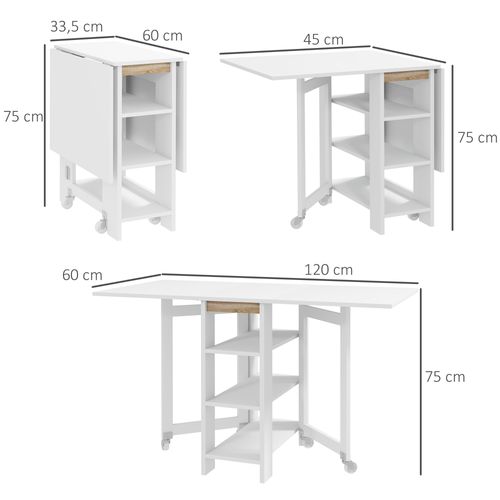 Table à Manger Pliable Extensible - Roulettes, 3 étagères