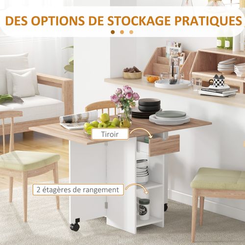 Table à Manger Pliable 4 Pers. - 2 Étagères, Tiroir - Blanc Bois Clair