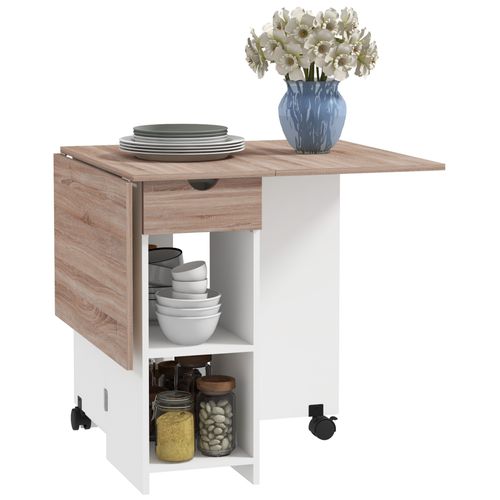 Table à Manger Pliable 4 Pers. - 2 Étagères, Tiroir - Blanc Bois Clair