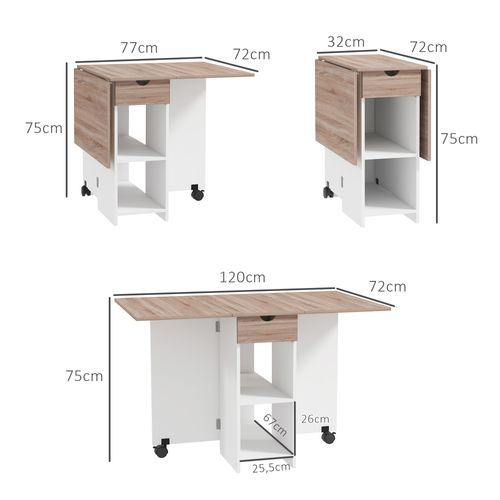 Table à Manger Pliable 4 Pers. - 2 Étagères, Tiroir - Blanc Bois Clair