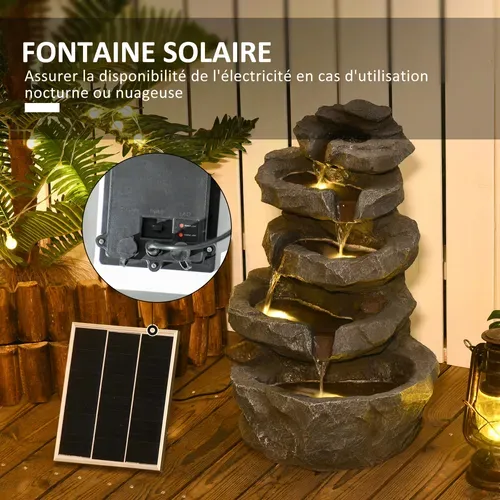 Fontaine De Jardin à énergie Solaire - Fontaine Roche Cascade 5 Niv. LED Pompe Incluse - Résine Gris