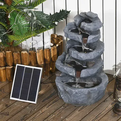 Fontaine De Jardin à énergie Solaire - Fontaine Roche Cascade 5 Niv. LED Pompe Incluse - Résine Gris