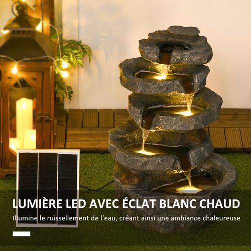 Fontaine De Jardin à énergie Solaire - Fontaine Roche Cascade 5 Niv. LED Pompe Incluse - Résine Gris