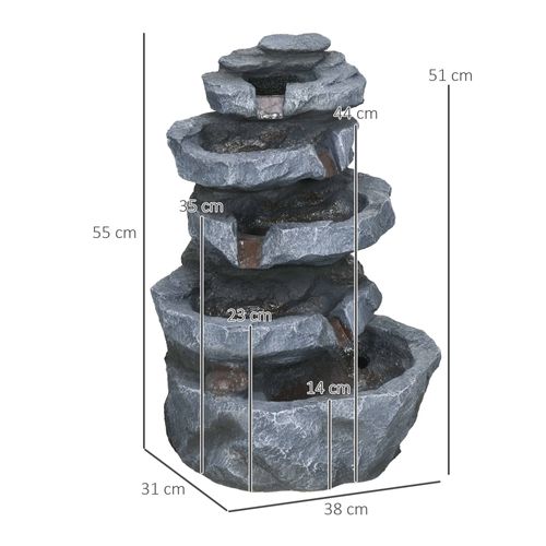 Fontaine De Jardin à énergie Solaire - Fontaine Roche Cascade 5 Niv. LED Pompe Incluse - Résine Gris