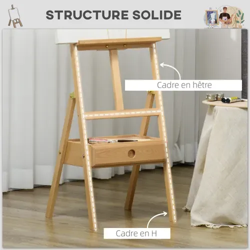 Chevalet Sur Pied Avec Tiroir - Hauteur Réglable - Bois De Hêtre Verni