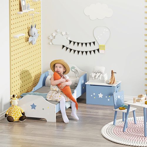 Lit Enfant Design Étoiles - 3-6 Ans - Dim. 143l X 74l Cm - Sommier à Lattes Inclus - Bleu Blanc