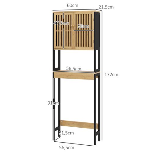 Meuble Étagère Dessus Wc - 2 Portes, 2 Étagères - Mdf Noir Bois Bambou Verni