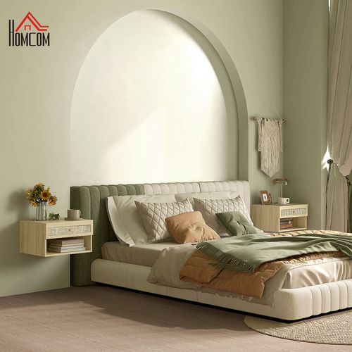 Lot De 2 Chevets Suspendus - Tiroir, Niche, Plateau - Cannage Rotin Aspect Bois Clair