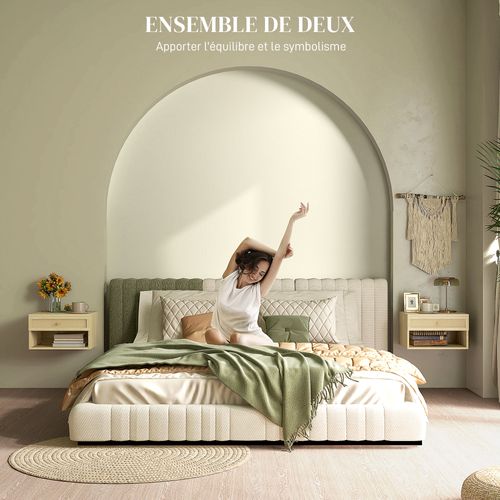 Lot De 2 Chevets Suspendus - Tiroir, Niche, Plateau - Cannage Rotin Aspect Bois Clair