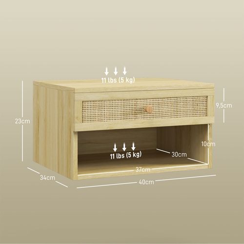 Lot De 2 Chevets Suspendus - Tiroir, Niche, Plateau - Cannage Rotin Aspect Bois Clair