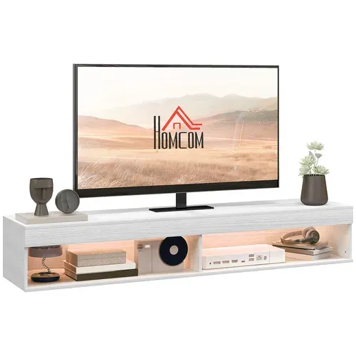 Meuble TV Design LED Suspendu Mural - 2 Niches - Aspect Bois Blanc