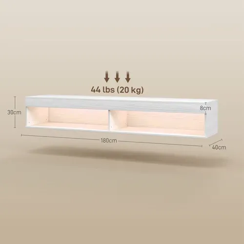 Meuble TV Design LED Suspendu Mural - 2 Niches - Aspect Bois Blanc