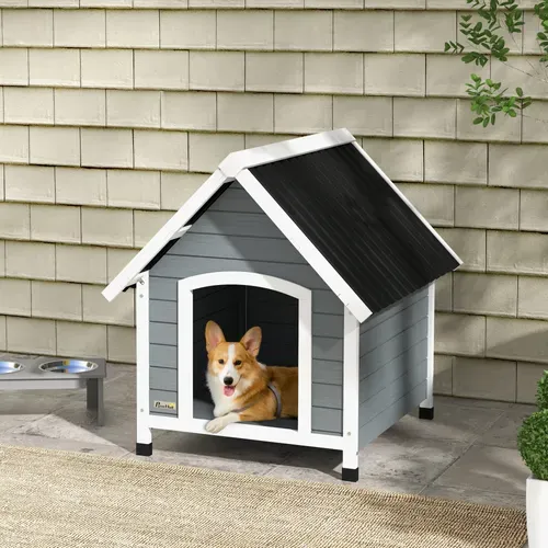 Niche Chien Design Chalet Sur Pied Plastique Noir Bois Blanc Gris