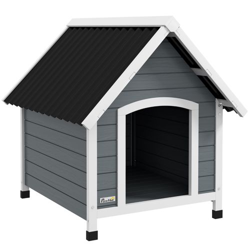 Niche Chien Design Chalet Sur Pied Plastique Noir Bois Blanc Gris