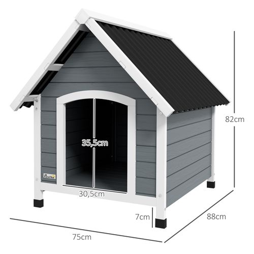 Niche Chien Design Chalet Sur Pied Plastique Noir Bois Blanc Gris