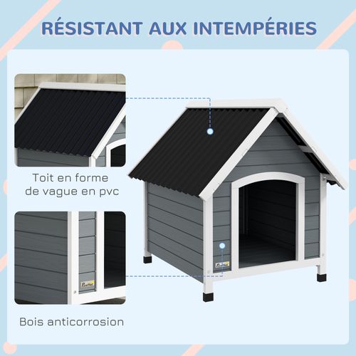 Niche Chien Design Chalet Sur Pied Plastique Noir Bois Blanc Gris