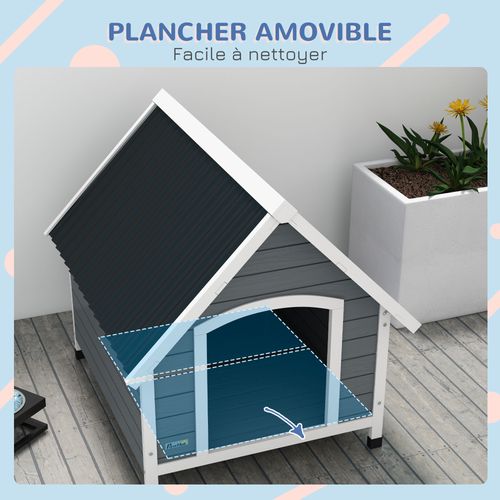 Niche Chien Design Chalet Sur Pied Plastique Noir Bois Blanc Gris