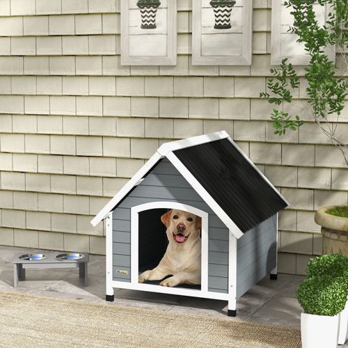 Niche Chien Design Chalet Sur Pied Plastique Noir Bois Blanc Gris