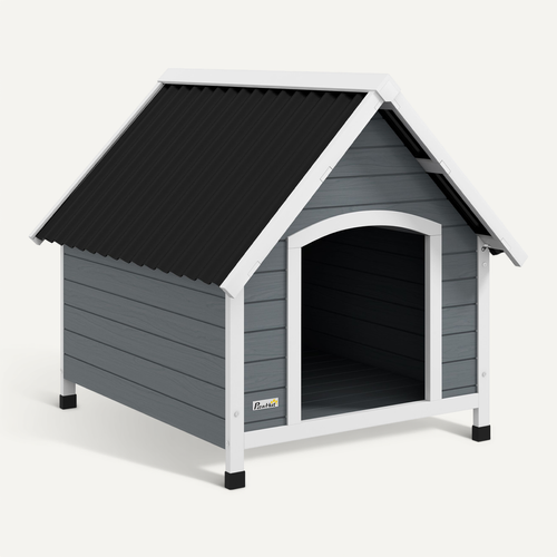 Niche Chien Design Chalet Sur Pied Plastique Noir Bois Blanc Gris