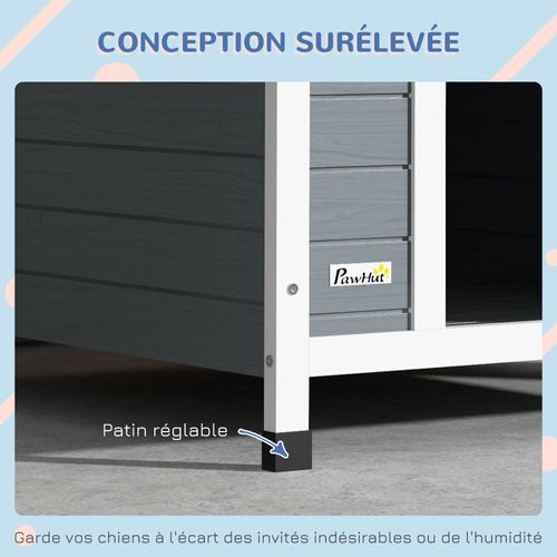 Niche Chien Design Chalet Sur Pied Plastique Noir Bois Blanc Gris