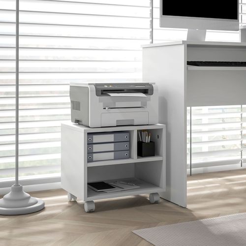 Caisson De Bureau à Roulettes Avec 3 Tiroirs - Meuble De Rangement Tout-en-Un, Support Imprimante - Blanc