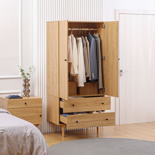 Armoire Design Scandinave 2 Portes Penderie 2 Tiroirs Aspect Bois Clair