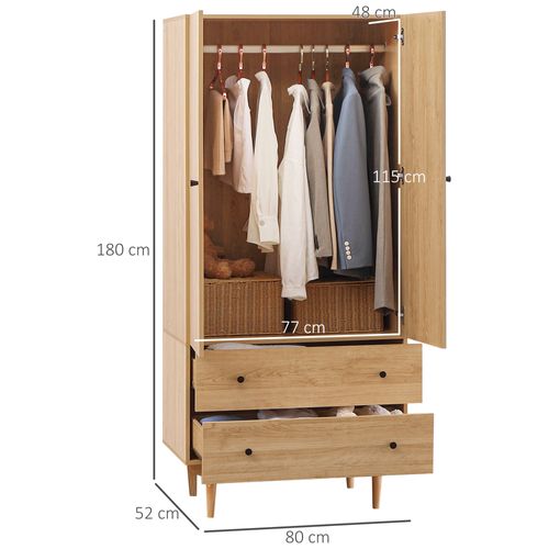 Armoire Design Scandinave 2 Portes Penderie 2 Tiroirs Aspect Bois Clair