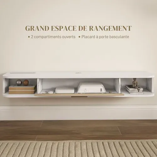 Meuble TV Mural Design Flottant - 2 Niches, Porte Abattante - Blanc Aspect Chêne Clair