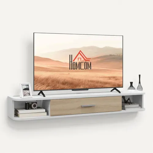 Meuble TV Mural Design Flottant - 2 Niches, Porte Abattante - Blanc Aspect Chêne Clair