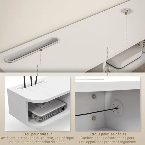 Meuble TV Mural Design Flottant - 2 Niches, Porte Abattante - Blanc Aspect Chêne Clair