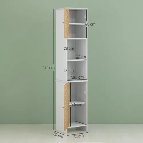 Meuble Colonne Salle De Bain Style Cosy Chic 2 Portes étagères Niches Blanc Bambou