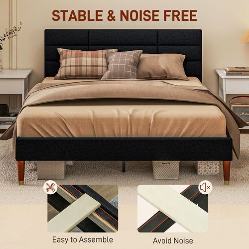 Lit Double - Tête De Lit, Pied De Lit Et Sommier - Compatible Matelas 140 X 200 Cm - Tissu Noir