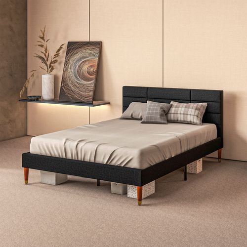 Lit Double - Tête De Lit, Pied De Lit Et Sommier - Compatible Matelas 140 X 200 Cm - Tissu Noir