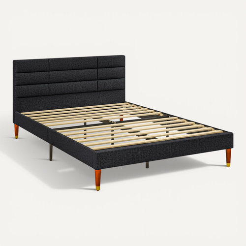 Lit Double - Tête De Lit, Pied De Lit Et Sommier - Compatible Matelas 140 X 200 Cm - Tissu Noir