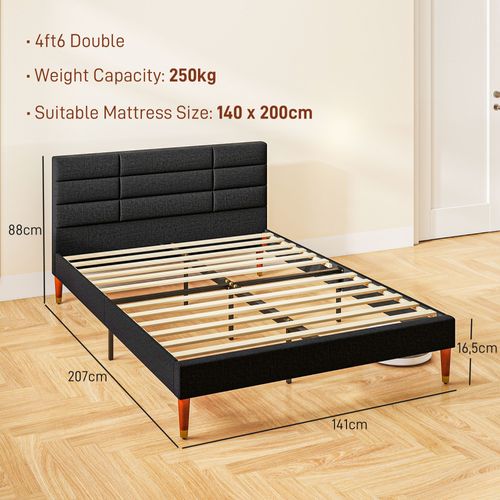 Lit Double - Tête De Lit, Pied De Lit Et Sommier - Compatible Matelas 140 X 200 Cm - Tissu Noir