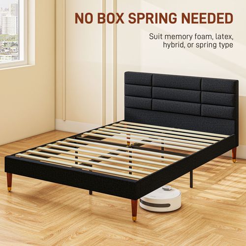 Lit Double - Tête De Lit, Pied De Lit Et Sommier - Compatible Matelas 140 X 200 Cm - Tissu Noir