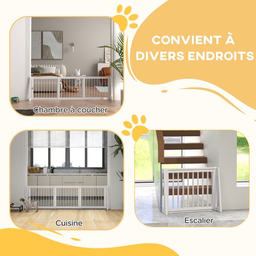 Barrière De Sécurité Chien 3 Panneaux Rétractable Bois Blanc