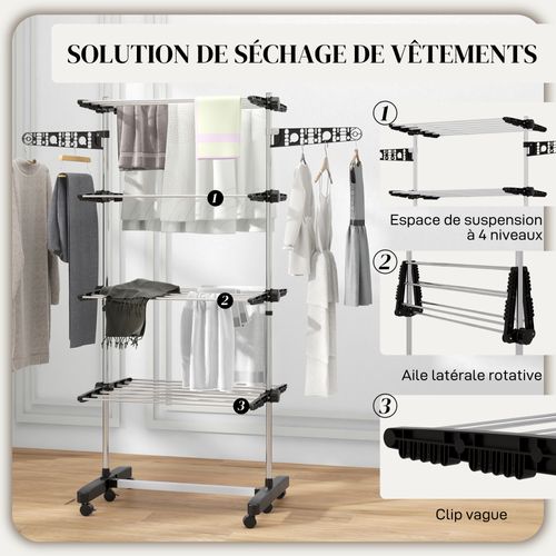 Séchoir à Linge étendoir Pliable Ailes Latérales 4 Niveaux