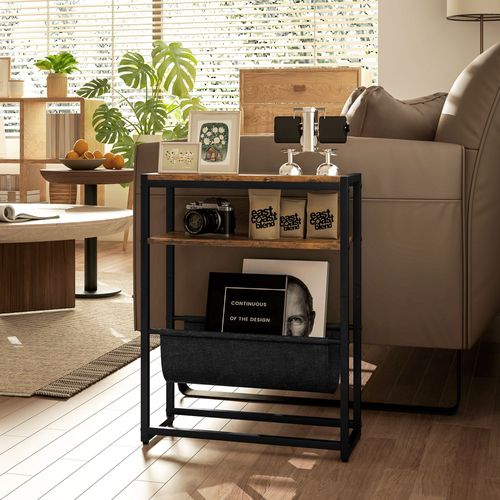 Table D'appoint Bout De Canapé - Étagère, Porte-revues - Acier Noir Effet Bois