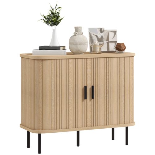 Buffet Style Scandinave 2 Portes Coulissantes Acier Noir Aspect Bois Clair
