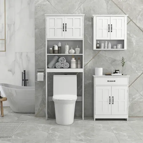 Meuble Wc Dessus De Toilette Style Classique Chic 2 Portes 2 étagères Blanc