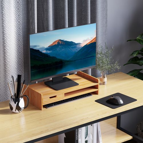 Réhausseur Support écran - Tiroir, Niche - Bambou Verni