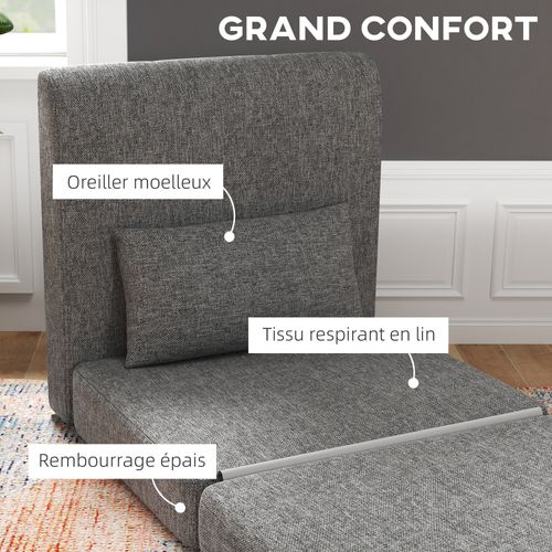 Chauffeuse Pliable Fauteuil Futon L.203 Cm - Effet Lin Gris Chiné