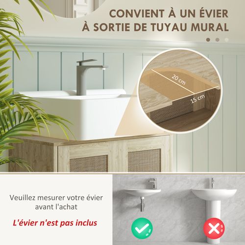 Meuble Sous Vasque Style Bohème - 2 Portes, étagère - Effet Rotin Bois Clair