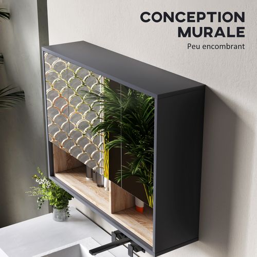 Armoire Miroir Salle De Bain - 3 Portes, 3 étagères, 2 Niches - Gris Effet Bois Naturel