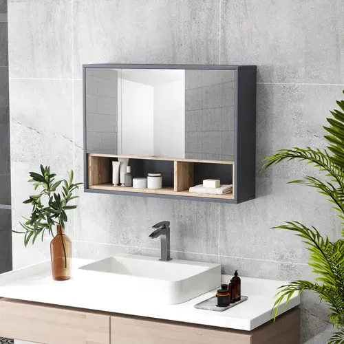 Armoire Miroir Salle De Bain - 3 Portes, 3 étagères, 2 Niches - Gris Effet Bois Naturel