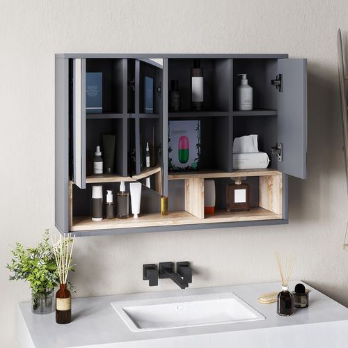 Armoire Miroir Salle De Bain - 3 Portes, 3 étagères, 2 Niches - Gris Effet Bois Naturel