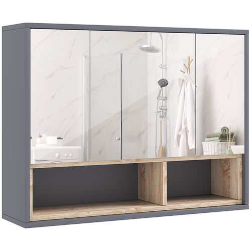 Armoire Miroir Salle De Bain - 3 Portes, 3 étagères, 2 Niches - Gris Effet Bois Naturel